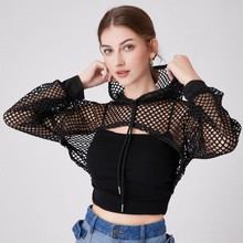 欧美街头嘻哈风炸街渔网设计连帽长袖罩衫性感外搭披超短坎肩女