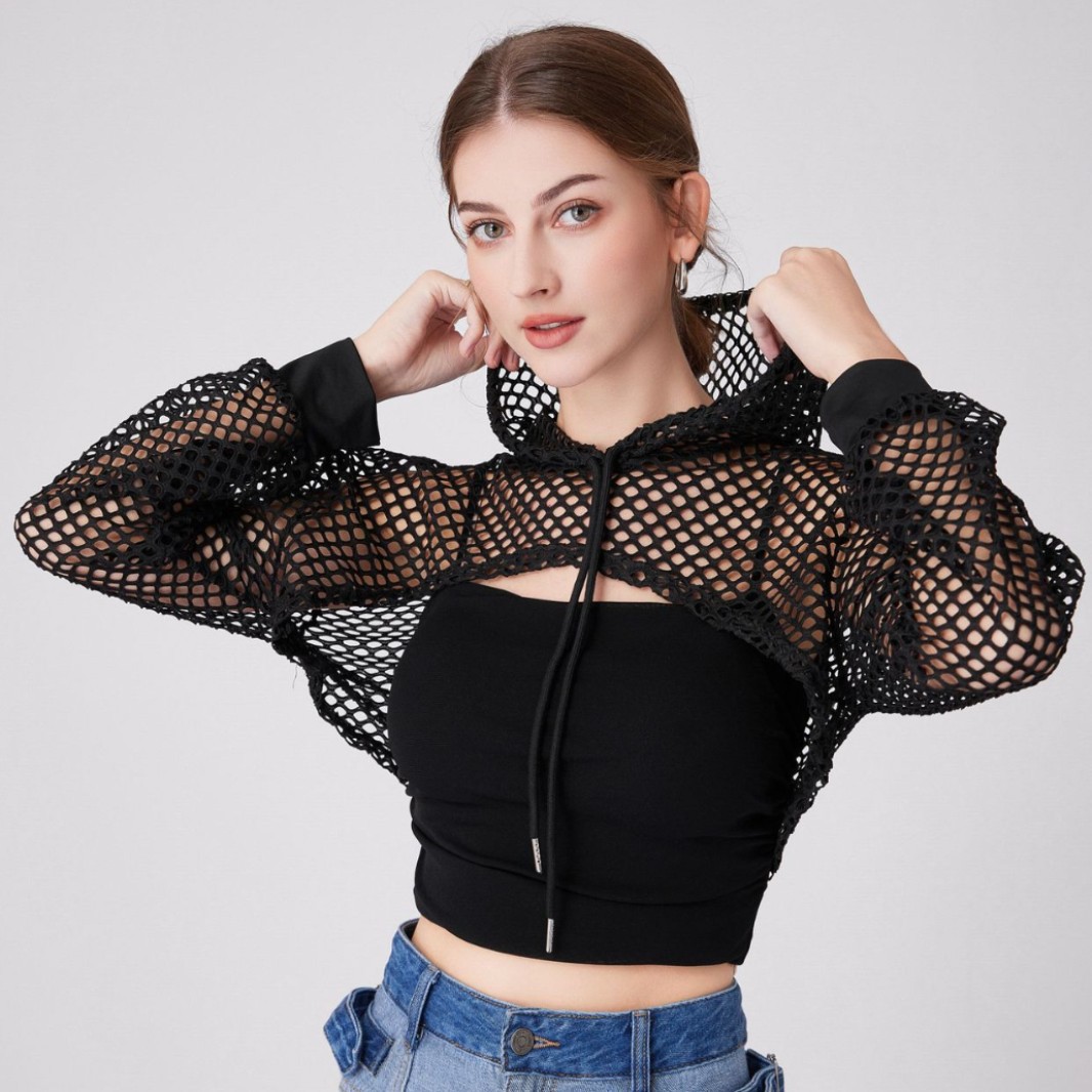 欧美街头嘻哈风炸街渔网设计连帽长袖罩衫性感外搭披超短坎肩女