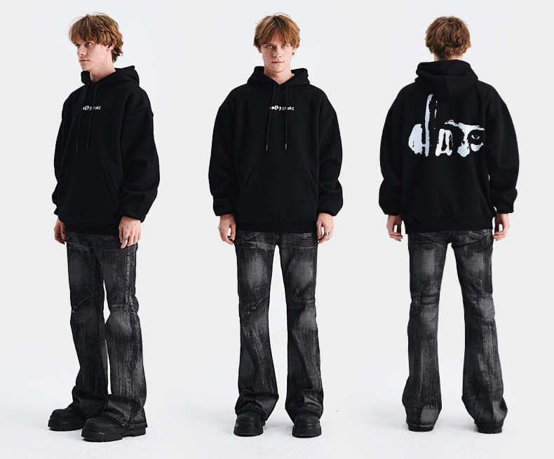 Herrenbekleidung Herbst und Winter neue nationale Flut Marke Herrenbekleidung schwere Geste Druck Fleece dicke Kapuzenpullover Herren lose_voghion.com