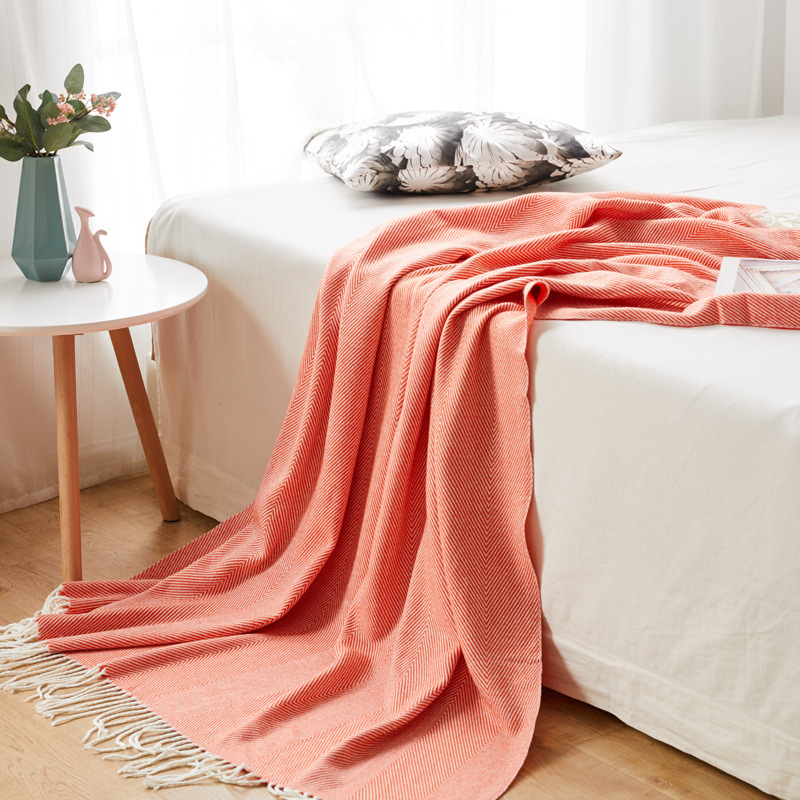 Woven jacquard weave wave fringe cover herringbone pattern thread acrylic blanket_voghion.com