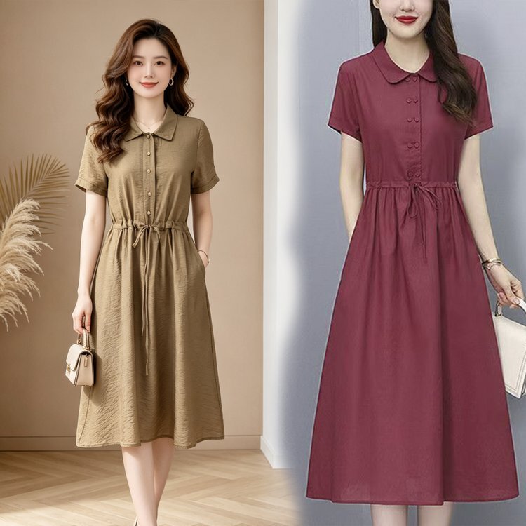 Dropshipping Doll Collar Waist-Cinching Tie Dress for Women, Short-Sleeved, Loose Fit, Slimming, Elegant, Versatile, Plus-Size, Mid-Length Dress