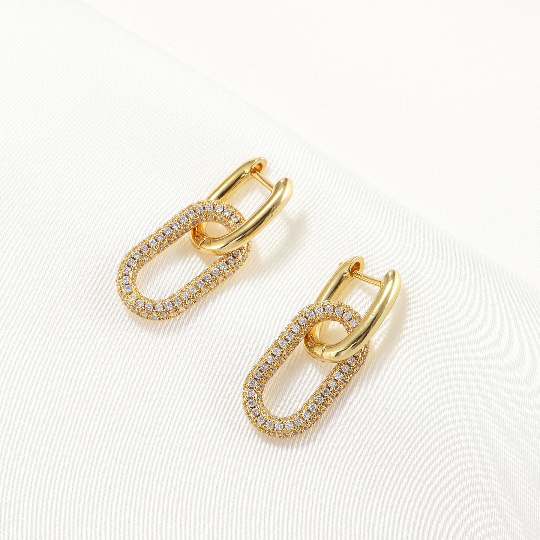18K Gold Zircon Earrings Geometric Rectangular Ear Clips Single