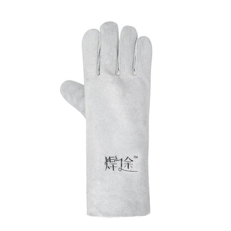 Guante de piel de vaca soldadura resistente a altas temperaturas y resistente al desgaste, protección contra quemaduras, aislamiento térmico, guante especial para soldadores de piel completa.