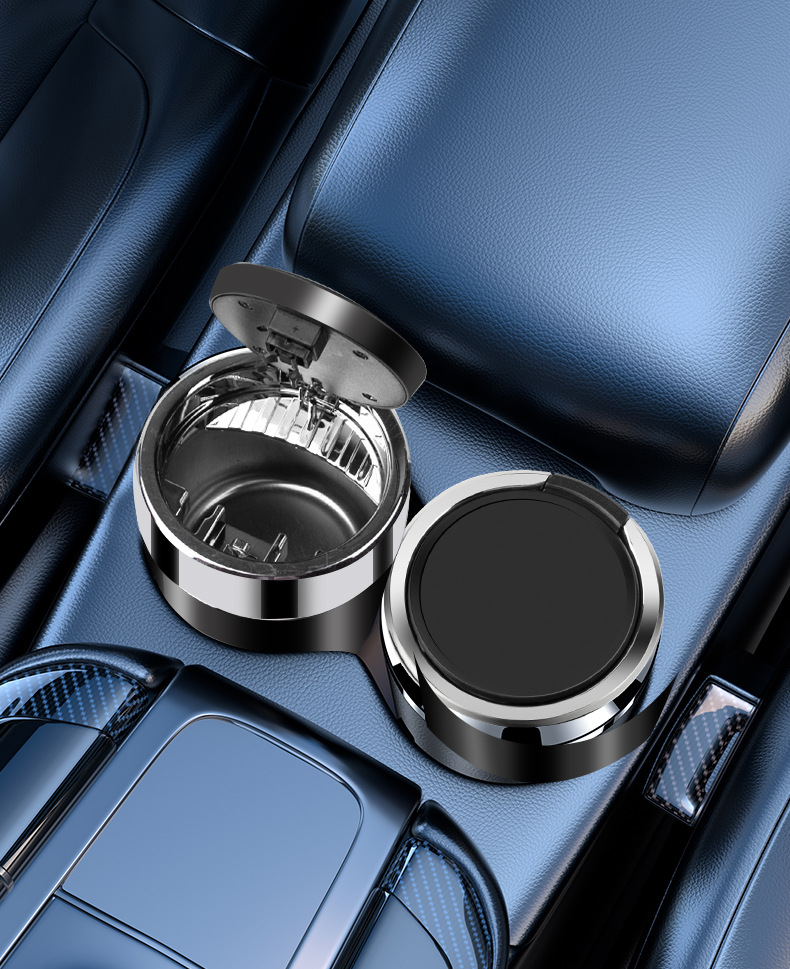 Car Ashtray Metal Liner One-Button Open Cover Car Ashtray LED Lamp Flame Retardant Waterproof Car Ashtray