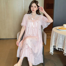 凌蕾夏季印花色蕾丝蝴蝶结网纱宫廷公主风中长睡裙睡衣家居服女