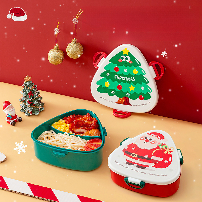 Creative Square Christmas Lunch Box Student Compartment Lunch Box Microwaveable with Fork and Spoon Tableware Fruit Meal
