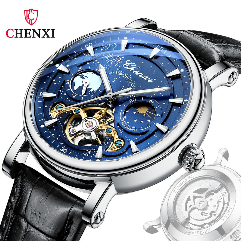 chenxi Dawn Galaxy Space Hollow Flywheel Automatic Mechanical Watch Men's Luminous Business Belt Watch 8872