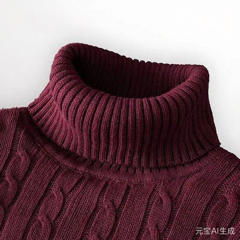 High-Neck Men's Knit Sweater for Autumn and Winter, Solid Color, Slim Fit, Warm, Pullover, Cable Knit Sweater Top