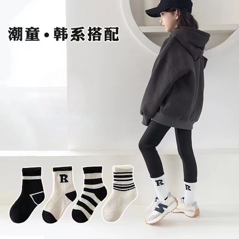 2303黑白条纹儿童袜子秋季薄棉男童中筒P字女童棉秋冬宝宝婴儿袜|undefined