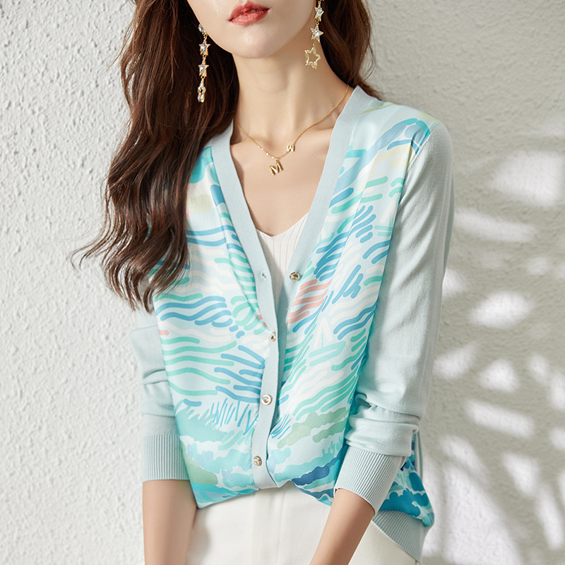 2021 autumn new printed knitted long-sleeved stitching cardigan women's satin top thin loose chiffon shirt retro