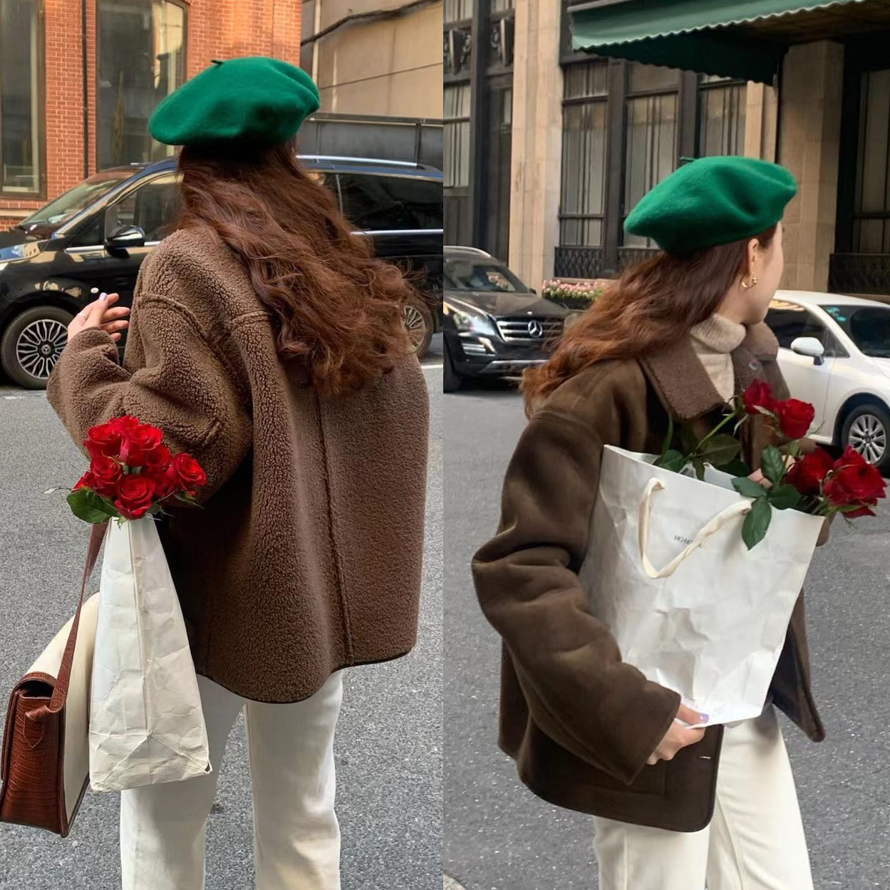 冬用厚手の綿入りジャケット、韓国風リバーシブルラムウールジャケット、襟付き、ダブルポケット、厚手で暖かい女性用トップス