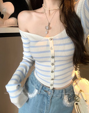 纯欲风一字肩条纹针织衫女春季设计感修身内搭打底衫露肩短款上衣