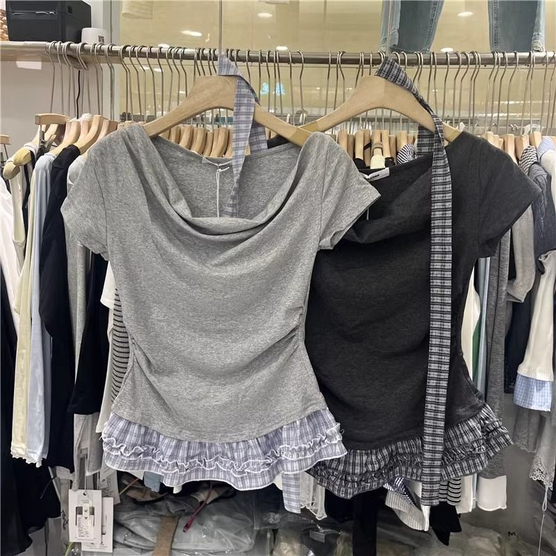 Fake Two-Piece 2026 Ribbon Swing Collar Short-Sleeve T-Shirt for Women, Summer Lace Patchwork Waist-Cinching Pleated Short Top