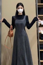 法式复古背带连衣裙套装女秋冬长袖打底衫 A字长裙显瘦两件套