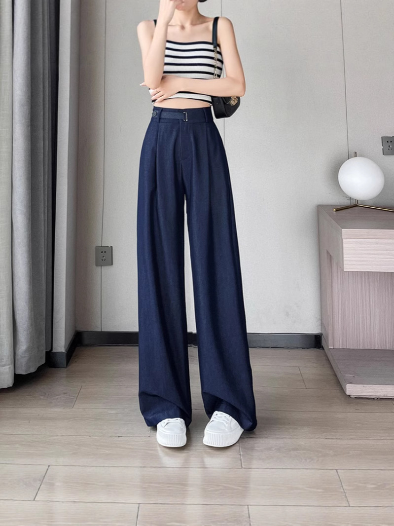 Quần jean nữ ống rộng cạp cao chất liệu mát lạnh — màu xanh đậm