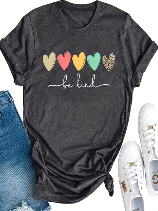 Cute Heart-Printed Graphic T-Shirt, Cute Cartoon Short-Sleeved Crew Neck Shirt, Casual Cute Heart-Printed Graphic T-Shirt, Cute Cartoon Short-Sleeved Crew Neck Shirt, Casual