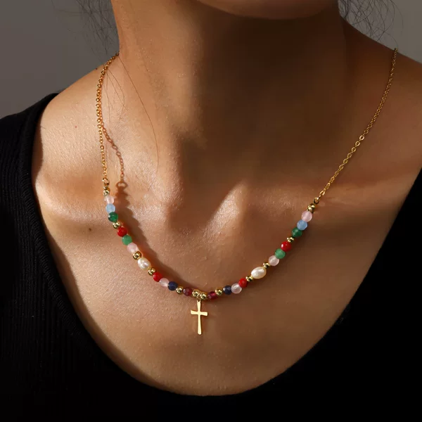 2025 European and American Cross-Border New Product Beaded Cross Necklace Cross Pendant Clavicle Chain Fashionable Simple Women's Jewelry