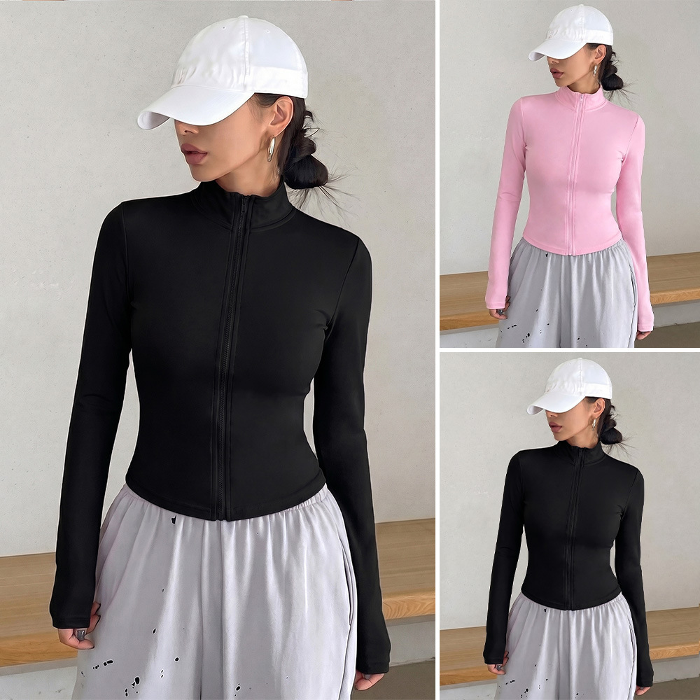 Cross-border women's clothing, European and American style, slim fit, stand collar, zip-up short jacket, women's sports casual jacket, stretchy and slimming top