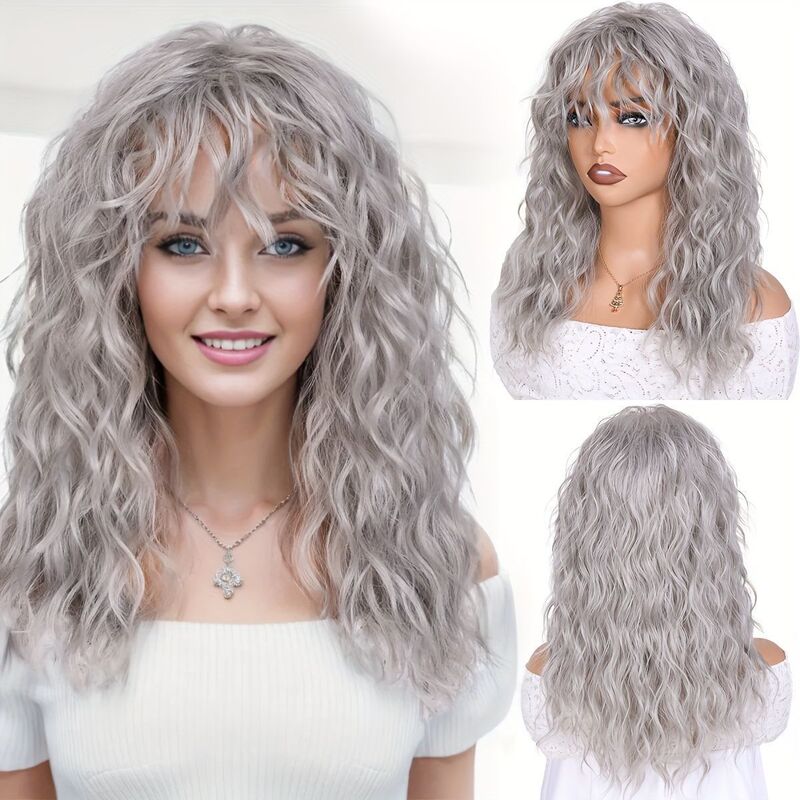 European and American Cross-Border Wigs for Women, Curly Bangs, Wavy Wigs, Gray Water Wave Wigs, Synthetic Fiber Hairpieces, Factory Direct Sales