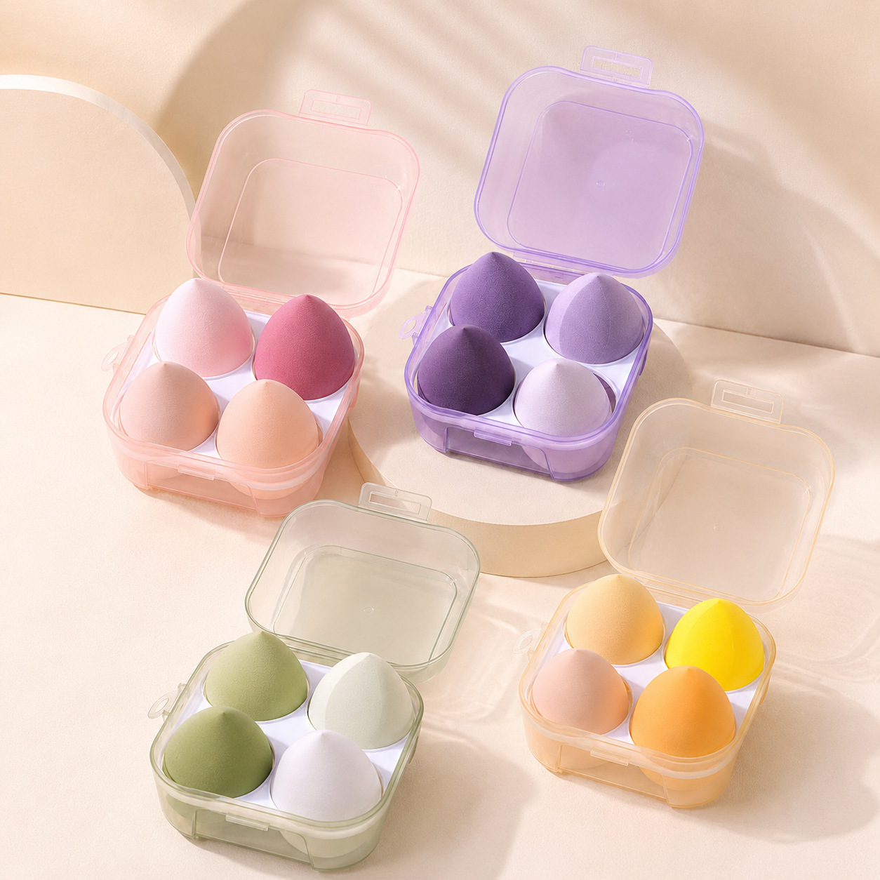 Caja de 4 huevos de maquillaje en polvo, seco y húmedo, no comer polvo, goteo de agua, calabaza, huevos de esponja de maquillaje al por mayor.