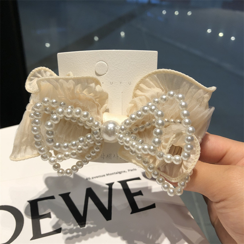 Sweet Bow Knot Imitation Pearl Cloth Rib-Knit Hair Clip