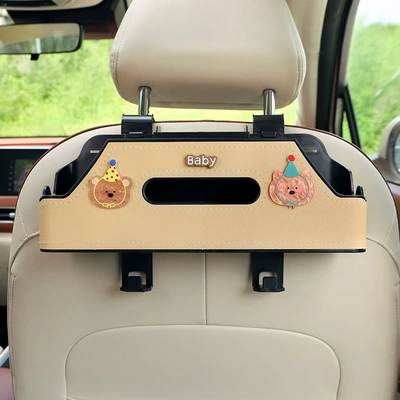 Car Tissue Box Car Seat Back Multi-Functional Storage Box Cartoon Cute Rear Storage Rack Water Cup Holder for Women (Car tissue box/set) - no-specifications-yellow-hat-green-hat-bear-beige-chair-back-double-water-cup-storage-box