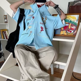 美式复古华夫格彩色花卉刺绣短袖衬衫男女夏季宽松慵懒风休闲衬衣