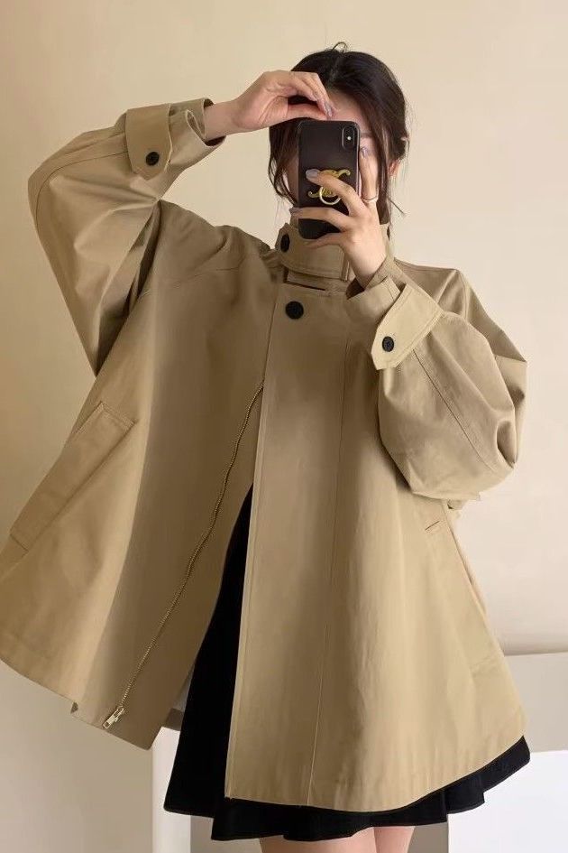Spring and Autumn New Baseball Jacket Outerwear Casual Short Trench Coat for Women Petite Hooded Stand Collar Loose Windbreaker Jacket