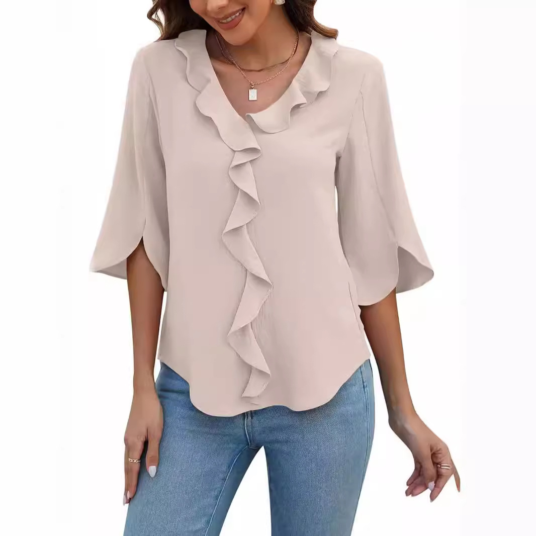 2024 European and American Cross-border Export Women's Literary and Casual Work Clothing Versatile Loose Versatile V Neck Ruffled Shirt