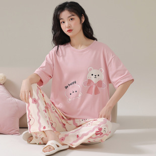 Summer Women's pajamas short-sleeved trousers sweet pullover round neck imitation cotton pull rack student girl can wear outdoor homewear