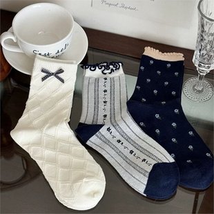 White Bowknot Socks Women's Mid-length Socks Autumn Korean-style Instagram Popular Cute Japanese Style Spring and Autumn Stacks for Women