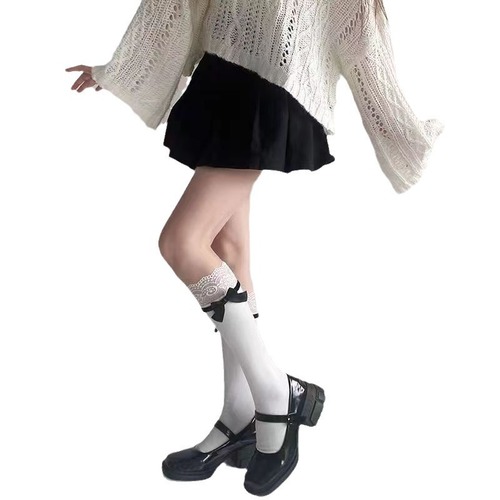 Summer and Autumn Sweet Little Legs Socks Lolita Bow White Mid-Calf Socks Japanese Flower Edge Lace Anti-Slip