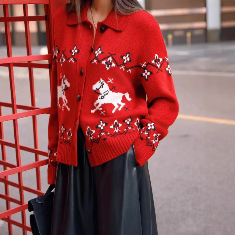 New Year Zodiac Fair Isle Jacquard Red Sweater Horse Geometric Jacquard Pattern Sheepskin Button Lapel Sweater