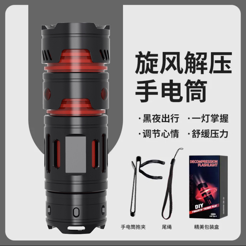 Transfronteriza multifuncional giroscopio giratorio descompresión linterna LED fuerte luz recargable mini linterna portátil