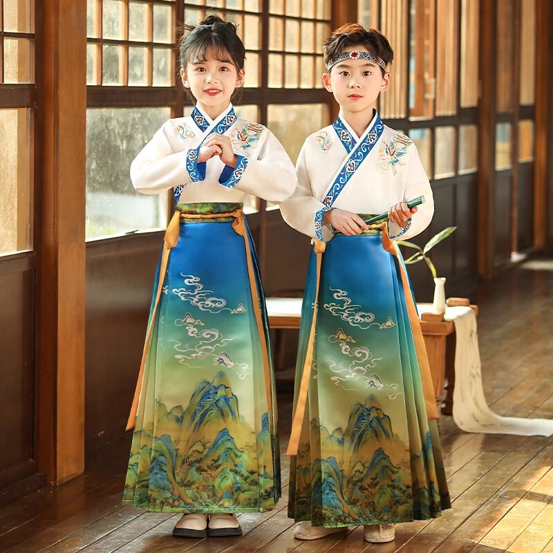 [Ready Stock] Ma Men Skirt Girls Summer New Short Sleeve Suit Chinese Style Boys Han Dynasty Student Super Fairy Dress