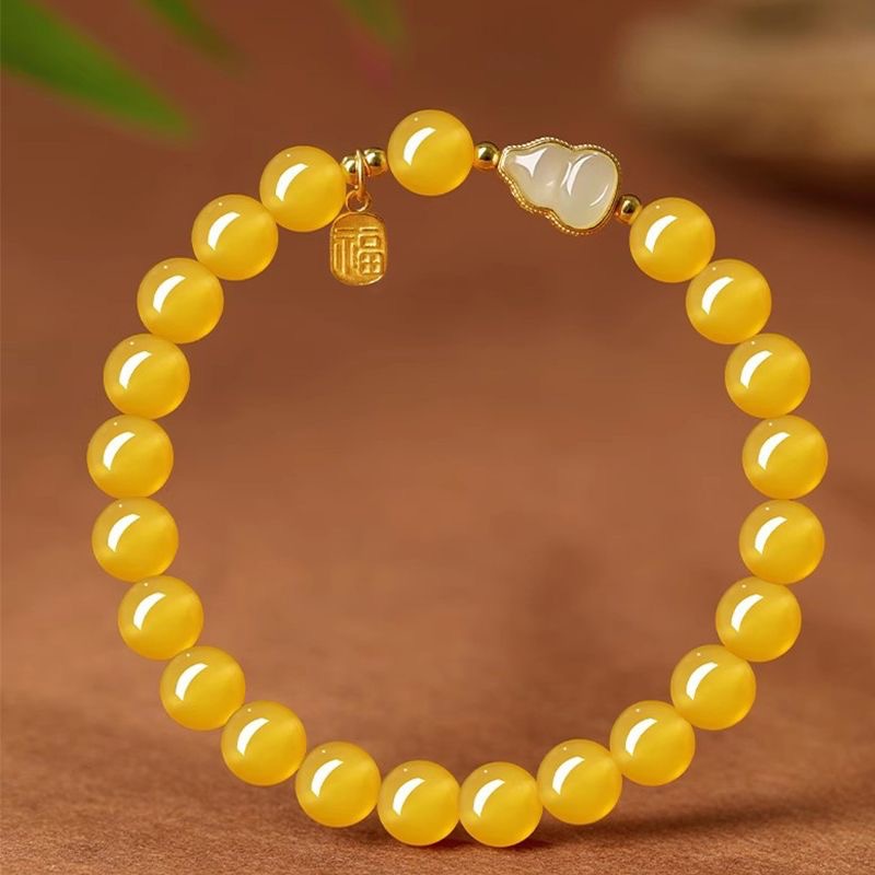Yellow Glazed Bracelet with Exquisite Gourd Pendant, Blessing Character, Unisex, Good Luck and Safety Jewelry, Couple Gift