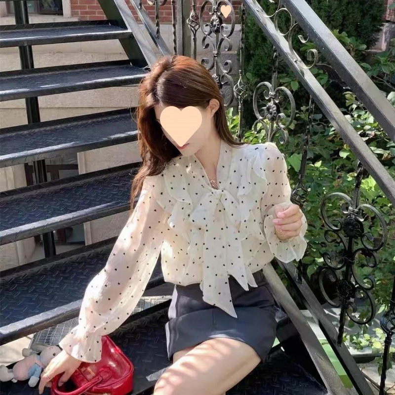 2025新款法式高级感荷叶边波点衬衫女春季设计感绑带宽松别致上衣|undefined