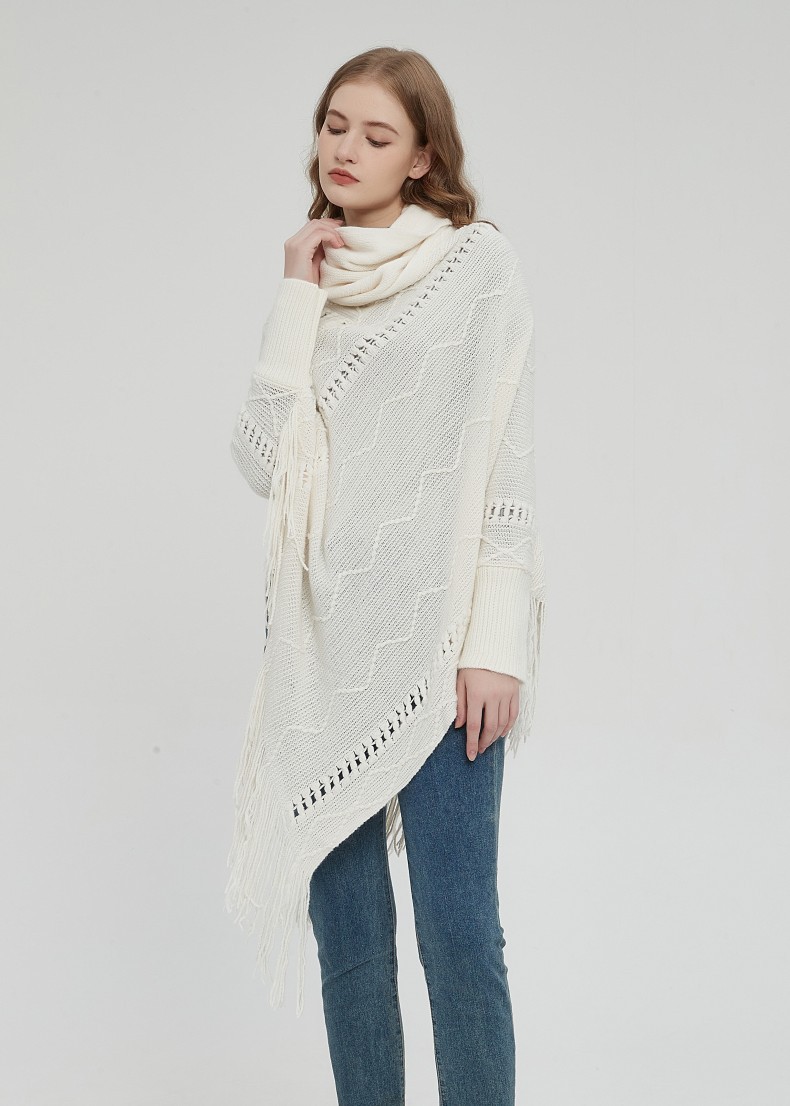 Unisex Coat beige white hollow collar long sleeves tassel cape cape_voghion.com