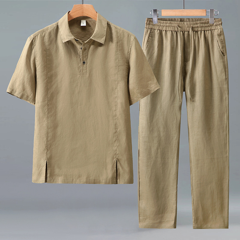 Long and Short Pants Suit New Chinese Style Linen Shirt Men's Summer New Short-Sleeved Loose Thin Solid Color Lapel Shirt