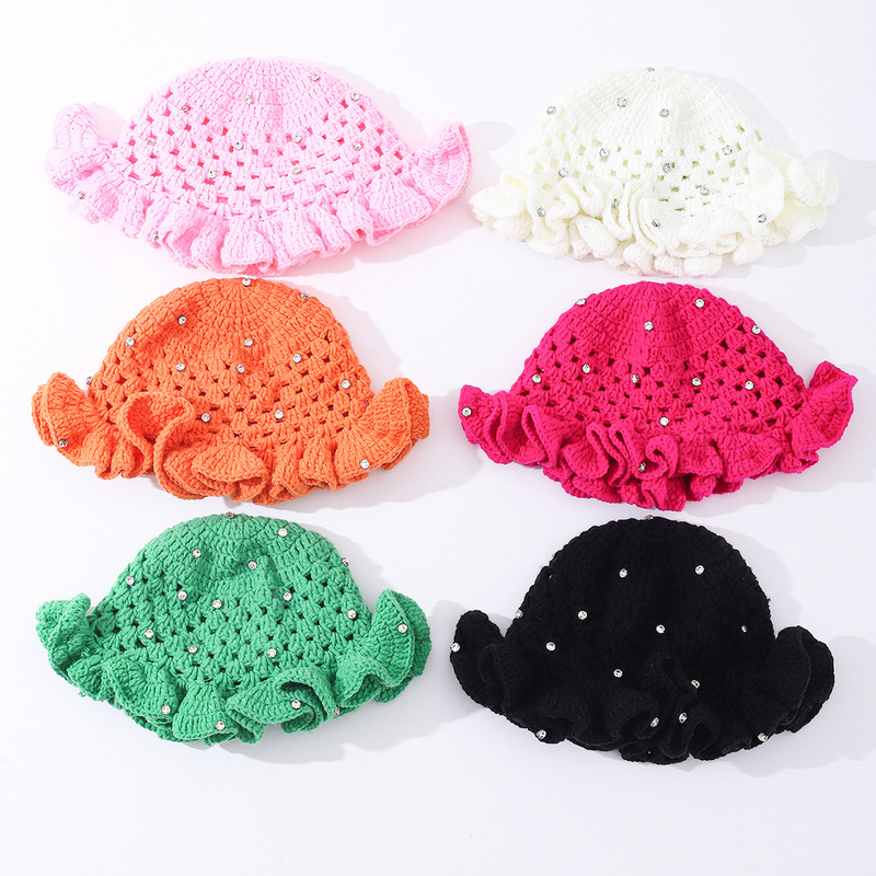 2026 Cross-Border Amazon Rhinestone Heavy-Duty Fashion Solid Color Ruffled Crochet Knit Hat with Large Brim 2026 Cross-Border Amazon Rhinestone Heavy-Duty Fashion Solid Color Ruffled Crochet Knit Hat with Large Brim