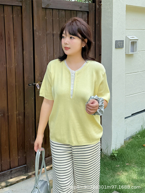 プラスサイズの女性の偽ツーピースラウンドネックニットトップ女性の夏の新スタイル 2025 ファット mm 韓国スタイル痩身と年齢を減らす T シャツ|undefined