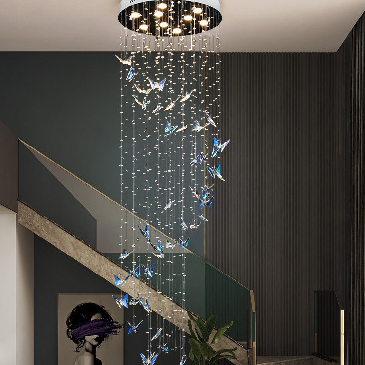 Luz azul dúplex simple luz de la escalera Moderna villa giratoria bien gire la luz mariposa salón escalera de cristal araña de color