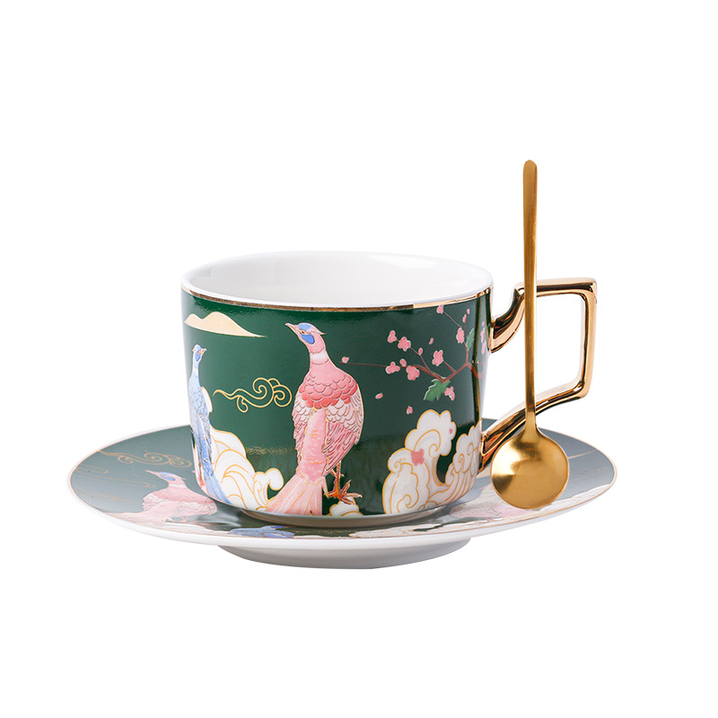 Verde-Pavo real taza y platillo cuchara