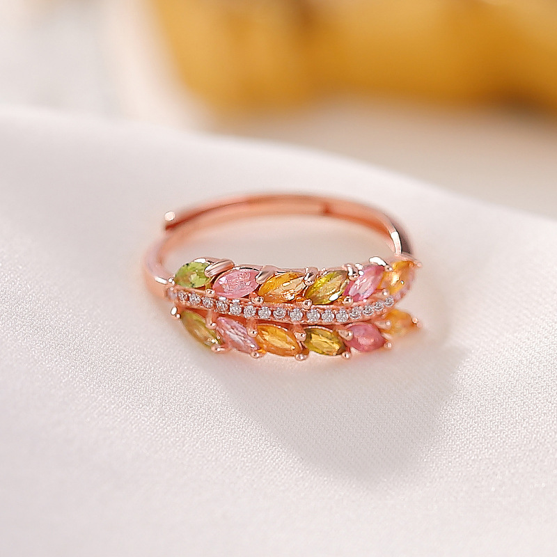 Nhẫn bạc S925 mạ vàng hồng đính đá tourmaline lông vũ mở điều chỉnh — bạc 925