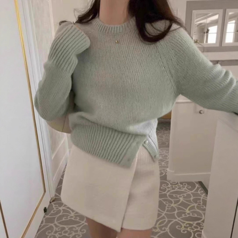 韩系毛衣女针织女装新款秋冬宽松圆领开叉纯色内搭冬季针织衫上衣|undefined