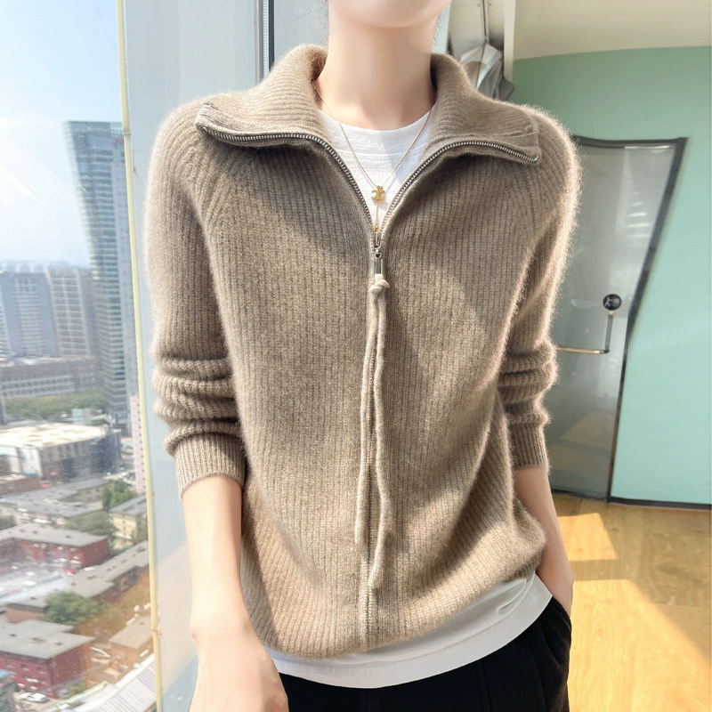 24 осенние и зимние новые корейские ленивые с высоким воротником с плечами трикотажный кардиган с двойной открытой застежкой-молнией