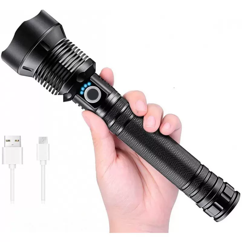 跨境新款XHP70伸缩变焦USB充电LED铝合金带电量显示P50强光手电筒