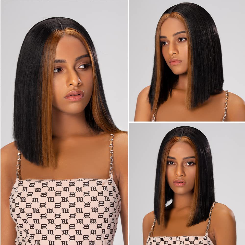 European and American Style Lace Front Wig for Women, Gradient Color Highlights, Bob Haircut, Short Straight Synthetic Hair, Wholesale, Can Be Permed and Dyed