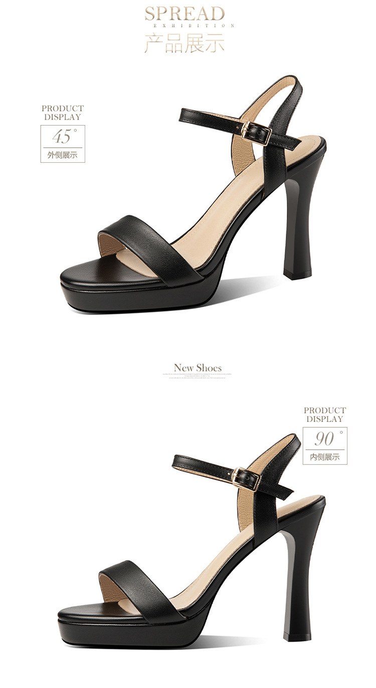 Sandal cao gót nữ quai ngang hở ngón da bò thật gót 10 cm — Màu đen chi tiết 11