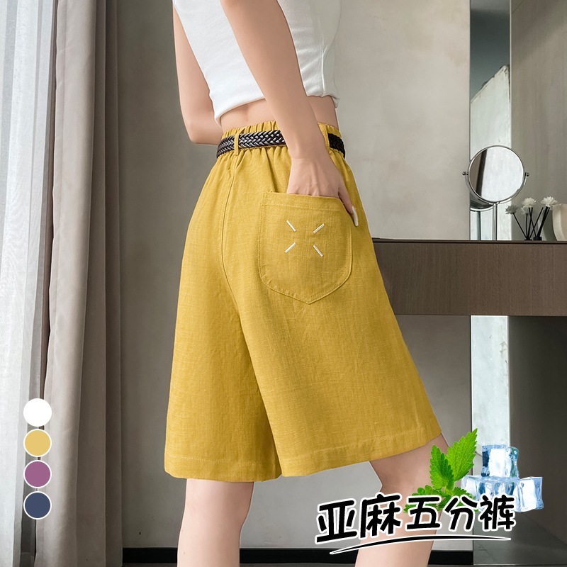 女性用リネンショートパンツ、夏用薄手ハイウエストスリムワイドレッグパンツ、ゆったりカジュアルストレートレッグ万能スーツミッドパンツ|undefined